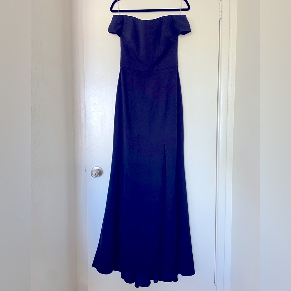 Amsale Navy Blue Floor Length Off Shoulder Gown 4